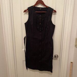 Talbots Ruffle Front Button Down Sheath Dress Women’s Sz 14P Black Cotton Career